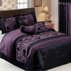 KingLinen 6 Pcs Full Size Purple and Black Floral Flocked Comforter Set